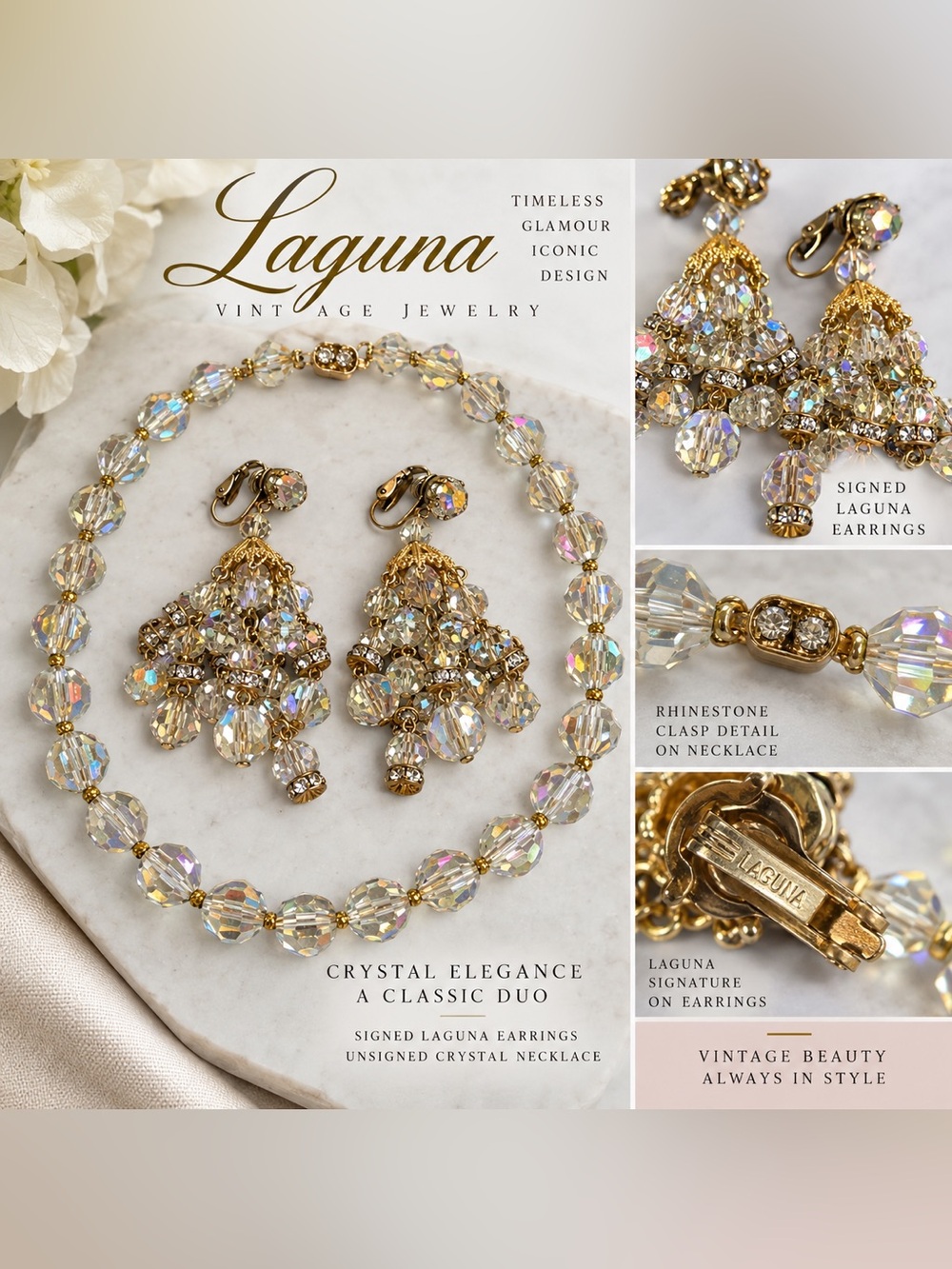 Vintage Laguna Crystal Chandelier Earrings & Crystal Necklace Set in Aurora Gold